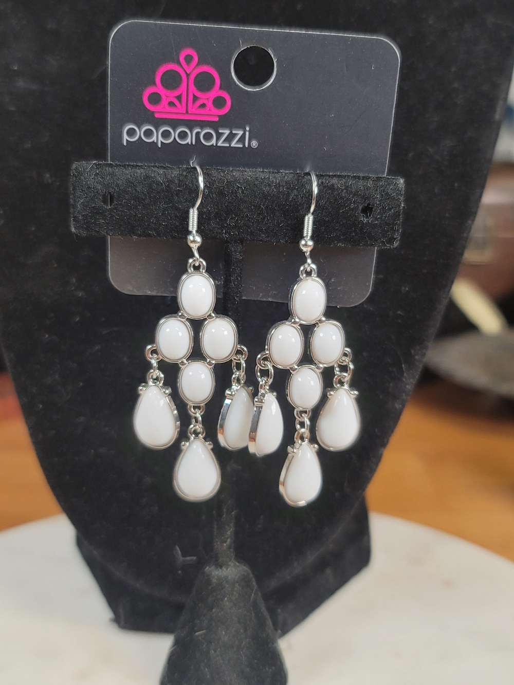 Paparazzi Silver-Tone White Teardrop Chandelier Earrings